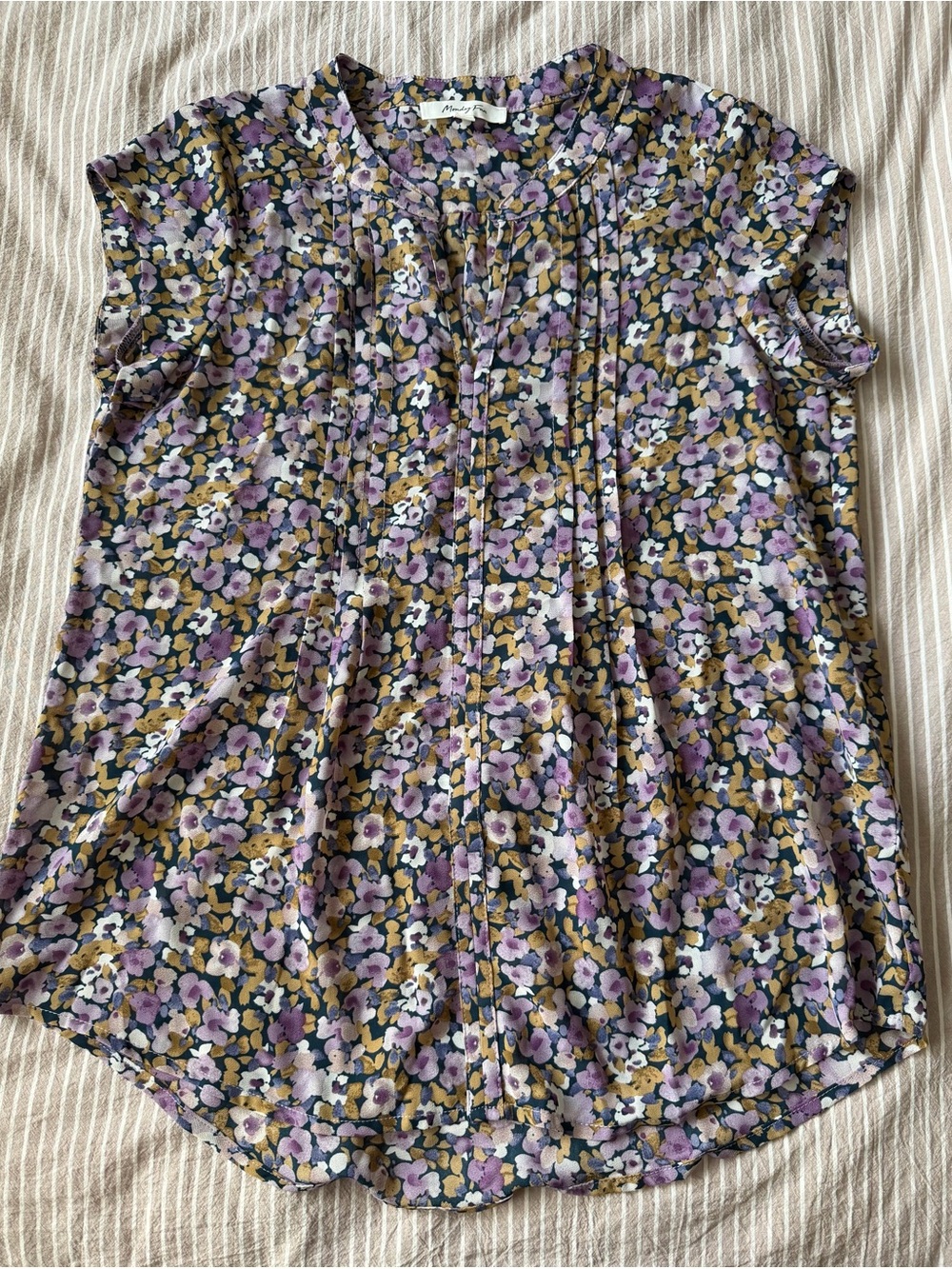 Monday Fun Pleated Cap-Sleeve Top in Purple Floral, small